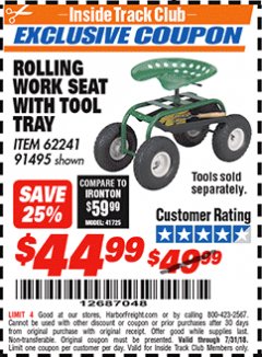 Harbor Freight ITC Coupon ONE STOP GARDENS ROLLING WORK SEAT WITH TOOL TRAY Lot No. 91495/62241 Expired: 7/31/18 - $44.99
