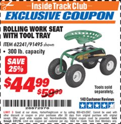 Harbor Freight ITC Coupon ROLLING WORK SEAT WITH TOOL TRAY Lot No. 62241/91495 Expired: 3/31/19 - $44.99