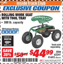 Harbor Freight ITC Coupon ROLLING WORK SEAT WITH TOOL TRAY Lot No. 62241/91495 Expired: 3/31/20 - $44.99