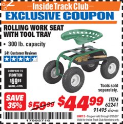 Harbor Freight ITC Coupon ROLLING WORK SEAT WITH TOOL TRAY Lot No. 62241/91495 Expired: 6/30/20 - $44.99