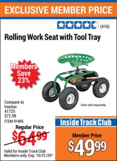 Harbor Freight ITC Coupon ROLLING WORK SEAT WITH TOOL TRAY Lot No. 62241/91495 Expired: 10/31/20 - $49.99