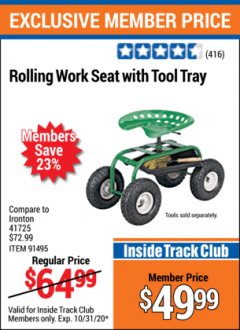 Harbor Freight ITC Coupon ONE STOP GARDENS ROLLING WORK SEAT WITH TOOL TRAY Lot No. 91495/62241 Expired: 10/31/20 - $49.99