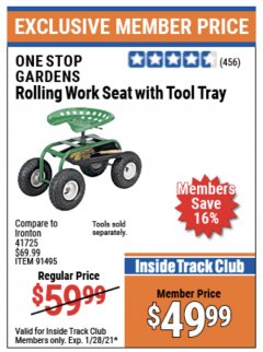 Harbor Freight ITC Coupon ROLLING WORK SEAT WITH TOOL TRAY Lot No. 62241/91495 Expired: 1/28/21 - $49.99
