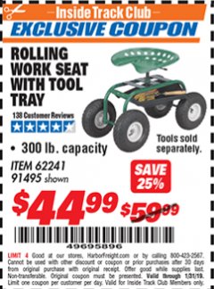 Harbor Freight ITC Coupon ROLLING WORK SEAT WITH TOOL TRAY Lot No. 62241/91495 Expired: 1/31/19 - $44.99