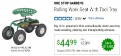 Harbor Freight Coupon ROLLING WORK SEAT WITH TOOL TRAY Lot No. 62241/91495 Expired: 6/30/20 - $44.99