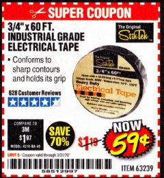 Harbor Freight Coupon 3/4" X 60 FT. INDUSTRIAL GRADE ELECTRICAL TAPE Lot No. 63239 Expired: 3/31/20 - $0.59