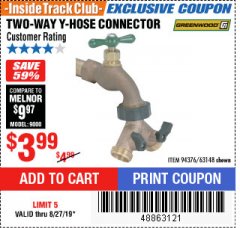 Harbor Freight ITC Coupon TWO-WAY Y-HOSE CONNECTOR Lot No. 94376/63148 Expired: 8/27/19 - $3.99
