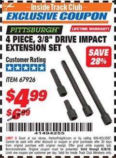 Harbor Freight ITC Coupon 4 PIECE 3/8" DRIVE IMPACT EXTENSION SET  Lot No. 67926 Expired: 6/30/18 - $4.99