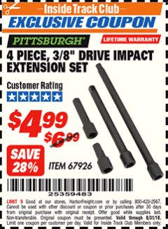 Harbor Freight ITC Coupon 4 PIECE 3/8" DRIVE IMPACT EXTENSION SET  Lot No. 67926 Expired: 8/31/18 - $4.99