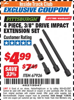 Harbor Freight ITC Coupon 4 PIECE 3/8" DRIVE IMPACT EXTENSION SET  Lot No. 67926 Expired: 11/30/18 - $4.99