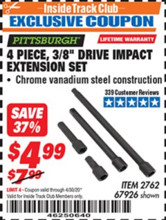 Harbor Freight ITC Coupon 4 PIECE 3/8" DRIVE IMPACT EXTENSION SET  Lot No. 67926 Expired: 4/30/20 - $4.99