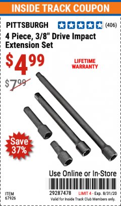 Harbor Freight ITC Coupon 4 PIECE 3/8" DRIVE IMPACT EXTENSION SET  Lot No. 67926 Expired: 8/31/20 - $4.99