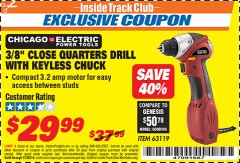 Harbor Freight ITC Coupon 3/8" HEAVY DUTY PROFESSIONAL VARIABLE SPEED REVERSIBLE CLOSE QUARTERS DRILL Lot No. 95877/63119 Expired: 11/30/18 - $29.99
