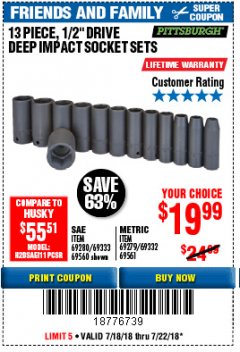 Harbor Freight Coupon 13 PIECE 1/2" DRIVE DEEP WALL IMPACT SOCKET SETS Lot No. 69560/67903/69280/69333/69561/67904/69279/69332 Expired: 7/22/18 - $19.99
