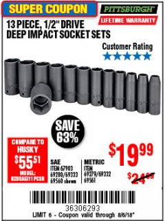 Harbor Freight Coupon 13 PIECE 1/2" DRIVE DEEP WALL IMPACT SOCKET SETS Lot No. 69560/67903/69280/69333/69561/67904/69279/69332 Expired: 8/6/18 - $19.99