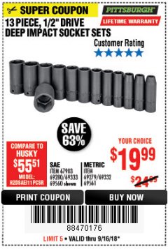Harbor Freight Coupon 13 PIECE 1/2" DRIVE DEEP WALL IMPACT SOCKET SETS Lot No. 69560/67903/69280/69333/69561/67904/69279/69332 Expired: 9/16/18 - $19.99