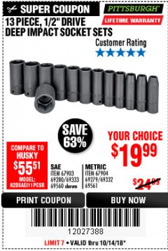 Harbor Freight Coupon 13 PIECE 1/2" DRIVE DEEP WALL IMPACT SOCKET SETS Lot No. 69560/67903/69280/69333/69561/67904/69279/69332 Expired: 10/14/18 - $19.99