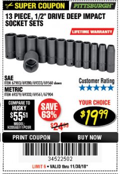 Harbor Freight Coupon 13 PIECE 1/2" DRIVE DEEP WALL IMPACT SOCKET SETS Lot No. 69560/67903/69280/69333/69561/67904/69279/69332 Expired: 11/30/18 - $19.99