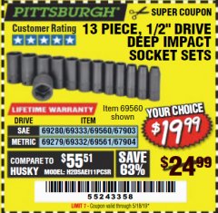 Harbor Freight Coupon 13 PIECE 1/2" DRIVE DEEP WALL IMPACT SOCKET SETS Lot No. 69560/67903/69280/69333/69561/67904/69279/69332 Expired: 5/18/19 - $19.99