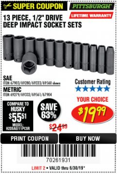 Harbor Freight Coupon 13 PIECE 1/2" DRIVE DEEP WALL IMPACT SOCKET SETS Lot No. 69560/67903/69280/69333/69561/67904/69279/69332 Expired: 6/30/19 - $19.99