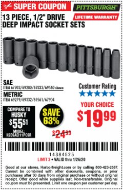 Harbor Freight Coupon 13 PIECE 1/2" DRIVE DEEP WALL IMPACT SOCKET SETS Lot No. 69560/67903/69280/69333/69561/67904/69279/69332 Expired: 1/26/20 - $19.99