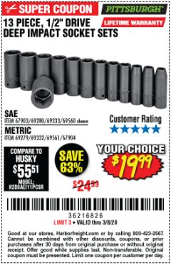 Harbor Freight Coupon 13 PIECE 1/2" DRIVE DEEP WALL IMPACT SOCKET SETS Lot No. 69560/67903/69280/69333/69561/67904/69279/69332 Expired: 2/8/20 - $19.99