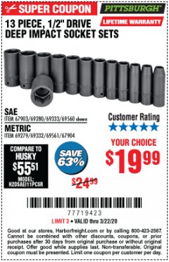 Harbor Freight Coupon 13 PIECE 1/2" DRIVE DEEP WALL IMPACT SOCKET SETS Lot No. 69560/67903/69280/69333/69561/67904/69279/69332 Expired: 3/22/20 - $19.99