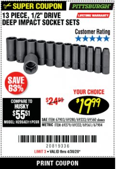 Harbor Freight Coupon 13 PIECE 1/2" DRIVE DEEP WALL IMPACT SOCKET SETS Lot No. 69560/67903/69280/69333/69561/67904/69279/69332 Expired: 6/30/20 - $19.99