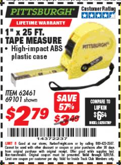 Harbor Freight ITC Coupon 1" X 25 FT. QUIKFIND TAPE MEASURE Lot No. 62461/69101 Expired: 5/31/18 - $2.79