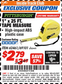 Harbor Freight ITC Coupon 1" X 25 FT. QUIKFIND TAPE MEASURE Lot No. 62461/69101 Expired: 8/31/18 - $2.79