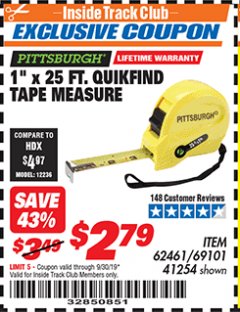 Harbor Freight ITC Coupon 1" X 25 FT. QUIKFIND TAPE MEASURE Lot No. 62461/69101 Expired: 9/30/19 - $2.79