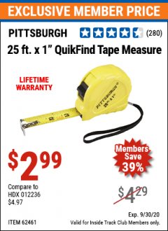 Harbor Freight ITC Coupon 1" X 25 FT. QUIKFIND TAPE MEASURE Lot No. 62461/69101 Expired: 9/30/20 - $2.99
