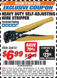 Harbor Freight ITC Coupon HEAVY DUTY SLEF-ADJUSTING WIRE STRIPPER Lot No. 36810 Expired: 6/30/18 - $6.99