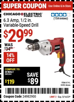Harbor Freight Coupon 1/2" VARIABLE SPEED REVERSIBLE HEAVY DUTY DRILL Lot No. 61741/69452 Expired: 5/14/23 - $29.99