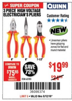 Harbor Freight Coupon 3 PIECE HIGH VOLTAGE ELECTRICIAN'S PLIERS Lot No. 35439 Expired: 8/12/18 - $19.99