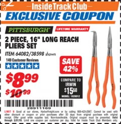 Harbor Freight ITC Coupon 2 PIECE, 16" LONG REACH PLIERS SET Lot No. 38598/64082 Expired: 3/31/19 - $8.99