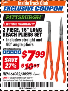 Harbor Freight ITC Coupon 2 PIECE, 16" LONG REACH PLIERS SET Lot No. 38598/64082 Expired: 9/30/19 - $7.99