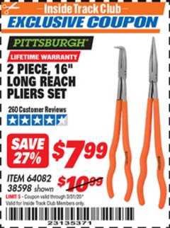 Harbor Freight ITC Coupon 2 PIECE, 16" LONG REACH PLIERS SET Lot No. 38598/64082 Expired: 3/31/20 - $7.99