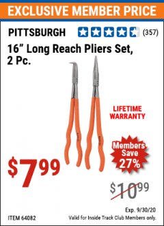Harbor Freight ITC Coupon 2 PIECE, 16" LONG REACH PLIERS SET Lot No. 38598/64082 Expired: 9/30/20 - $7.99