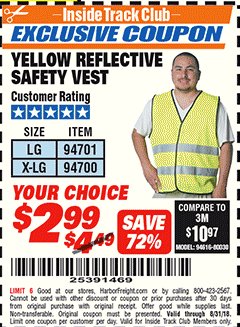 Harbor Freight ITC Coupon YELLOW REFLECTIVE SAFETY VESTS Lot No. 94701/94700 Expired: 8/31/18 - $2.99