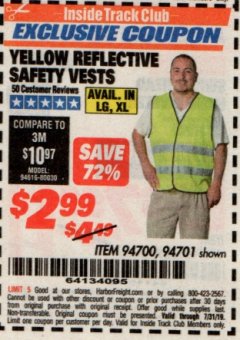 Harbor Freight ITC Coupon YELLOW REFLECTIVE SAFETY VESTS Lot No. 94701/94700 Expired: 7/31/19 - $2.99
