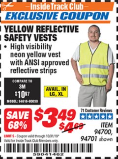 Harbor Freight ITC Coupon YELLOW REFLECTIVE SAFETY VESTS Lot No. 94701/94700 Expired: 10/31/19 - $3.49