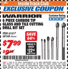 Harbor Freight ITC Coupon 6 PIECE CARBIDE TIP GLASS AND TILE CUTTING DRILL BIT SET Lot No. 68168/61617 Expired: 10/31/18 - $7.99