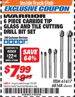 Harbor Freight ITC Coupon 6 PIECE CARBIDE TIP GLASS AND TILE CUTTING DRILL BIT SET Lot No. 68168/61617 Expired: 1/31/20 - $7.99