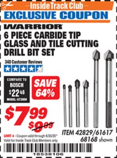 Harbor Freight ITC Coupon 6 PIECE CARBIDE TIP GLASS AND TILE CUTTING DRILL BIT SET Lot No. 68168/61617 Expired: 6/30/20 - $7.99