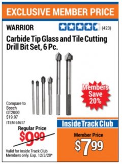 Harbor Freight ITC Coupon 6 PIECE CARBIDE TIP GLASS AND TILE CUTTING DRILL BIT SET Lot No. 68168/61617 Expired: 12/3/20 - $7.99