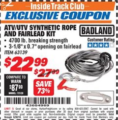 Harbor Freight ITC Coupon ATV/UTV SYNTHETIC ROPE AND FAIRLEAD KIT Lot No. 63139 Expired: 6/30/18 - $22.99
