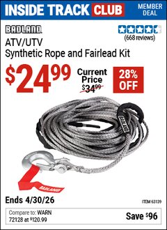 Harbor Freight Coupon BADLAND ATV/UTV SYNTHETIC ROPE & FAIRLEAD KIT Lot No. 63139 Valid: 12/31/69 - 4/30/26 - $24.99