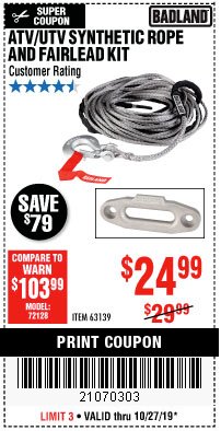 Harbor Freight Coupon ATV/UTV SYNTHETIC ROPE AND FAIRLEAD KIT Lot No. 63139 Expired: 10/27/19 - $24.99