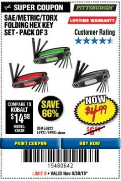 Harbor Freight Coupon PITTSBURGH SAE/METRIC/STAR FOLDING HEX KEY SET, 3-PIECE Lot No. 94905 Expired: 9/30/18 - $4.99